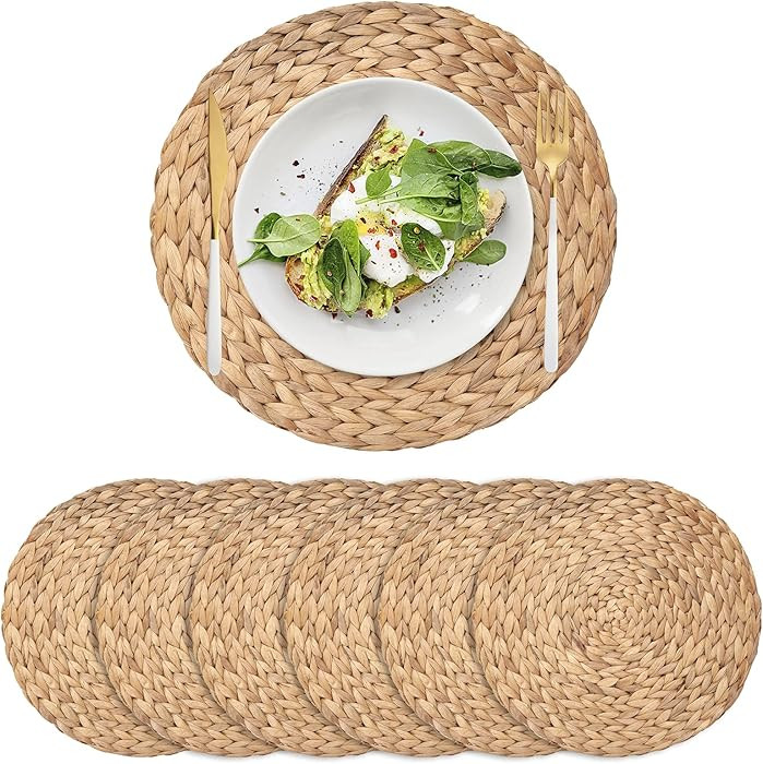 6 Pack Woven Placemats, Round Wicker Placemats, Rattan Place mats, Natural Hand-Woven Water Hyaci... | Amazon (US)