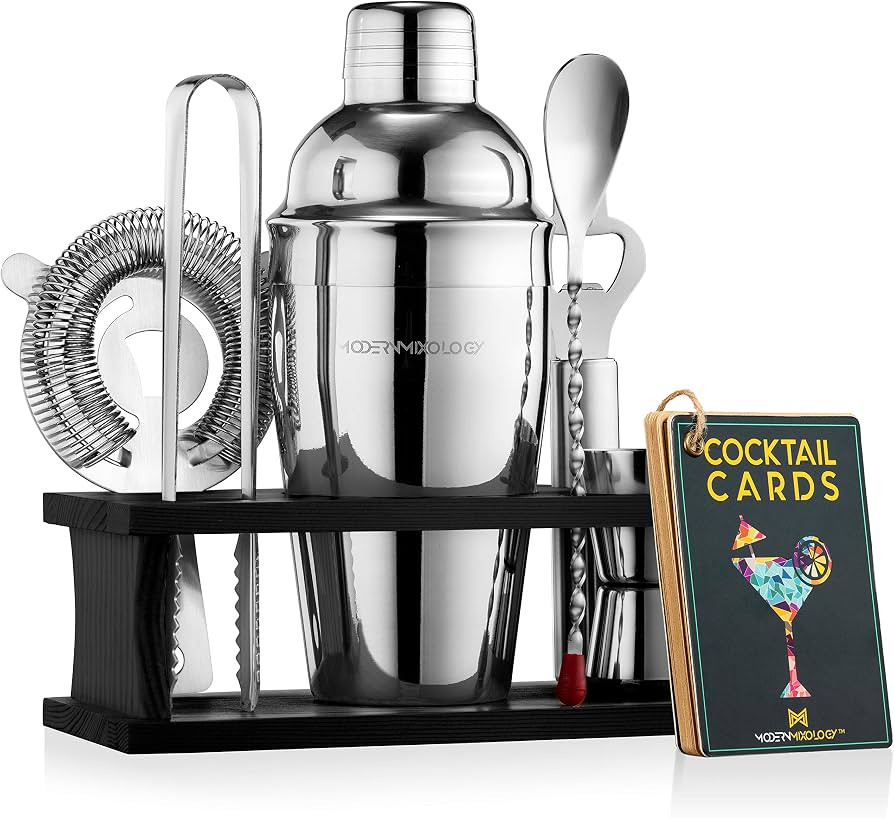 Mixology Bartender Kit | 8-Piece Silver Cocktail Shaker Set with Black Pine Wood Stand, Recipe Ca... | Amazon (US)