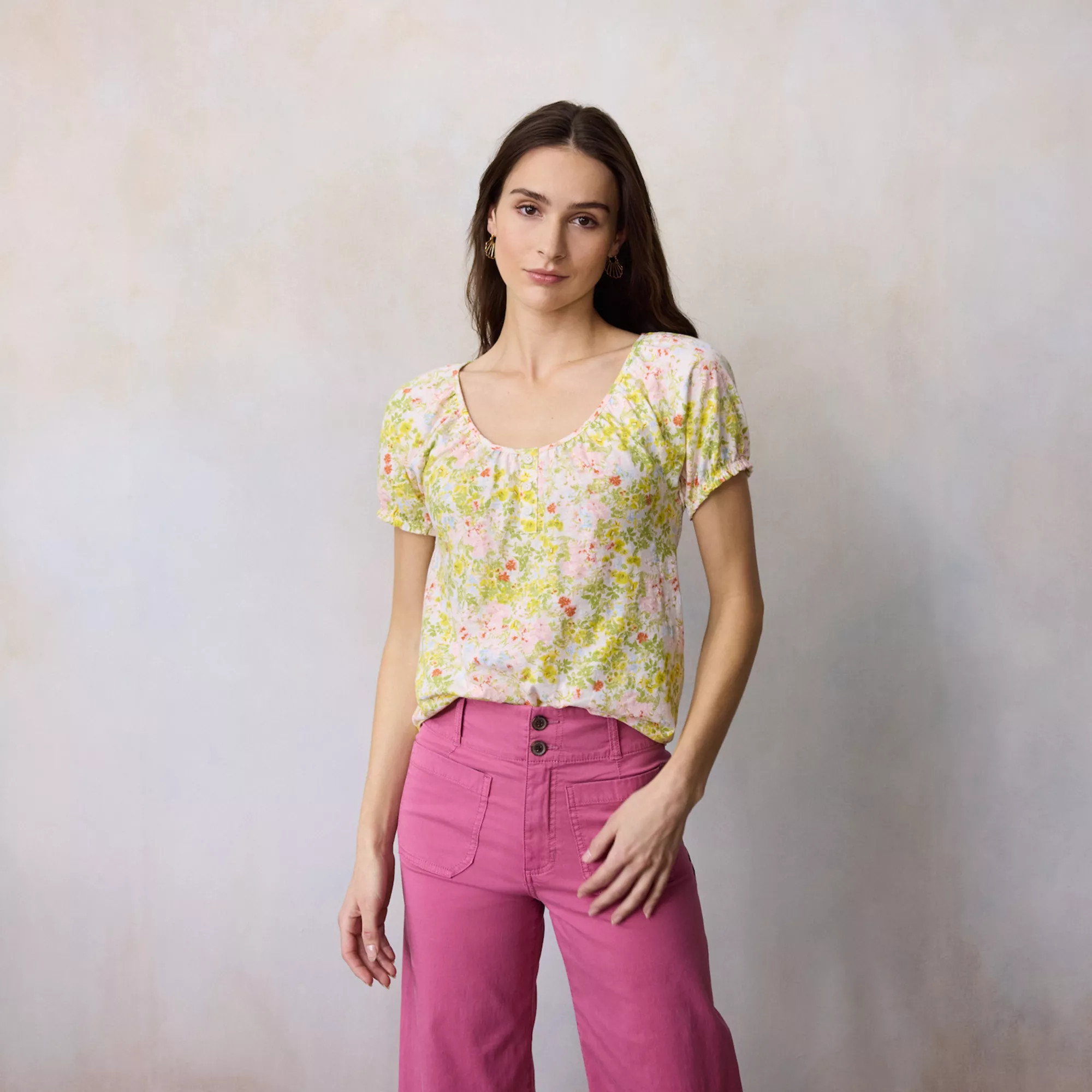 Women's LC Lauren Conrad Puff Sleeve Henley Top | Kohl's