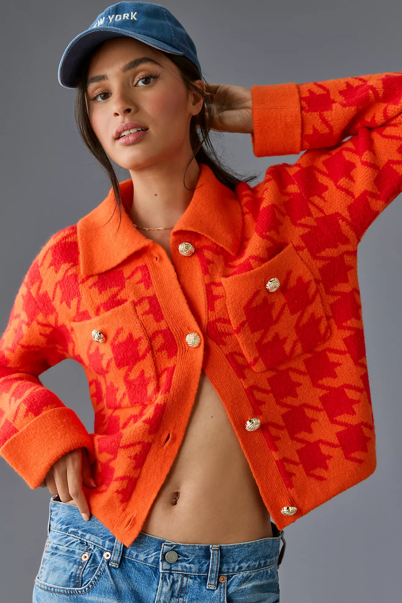 English Factory Houndstooth Cropped Cardigan Sweater | Anthropologie (US)