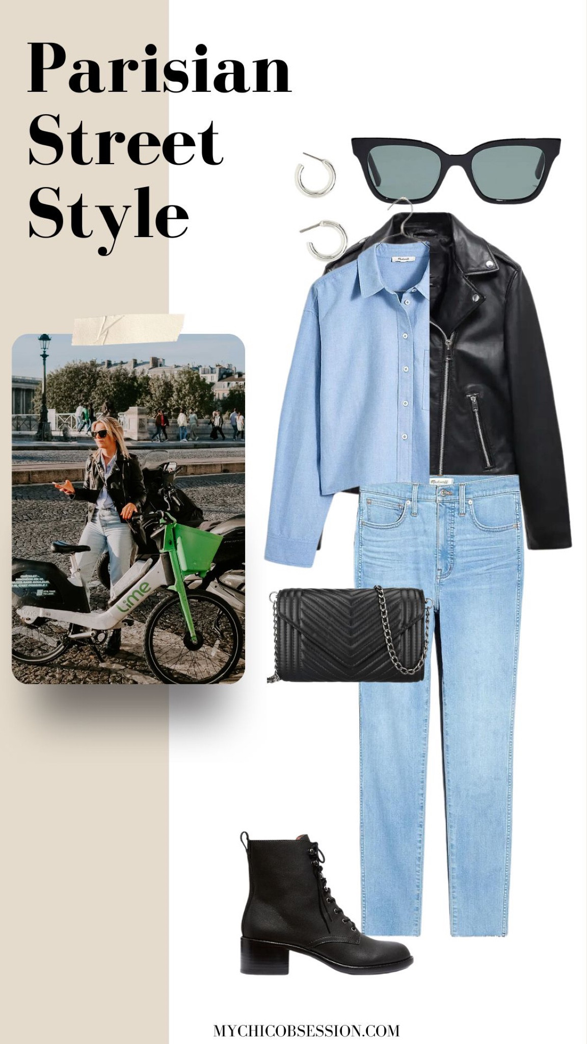 If you like a little more edge to your street style, try a leather jacket paired with light wash jeans, a blue Oxford shirt, a black bag and lace up boots. 

#LTKstyletip #LTKSeasonal