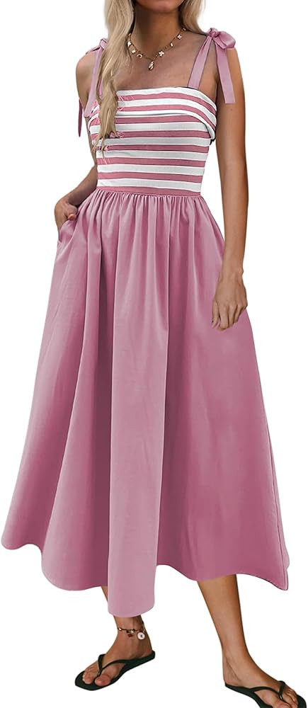 MISSACTIVER Women Summer Sleeveless Maxi Dress Tie Spaghetti Strap Stripe Tank Dresses Flowy Beac... | Amazon (US)