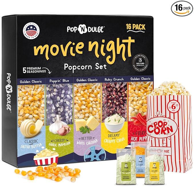 Popcorn Movie Night Supplies Popcorn Kernels Popcorn Seasoning, 16 Pack, 5 Gourmet Popcorn Kernel... | Amazon (US)