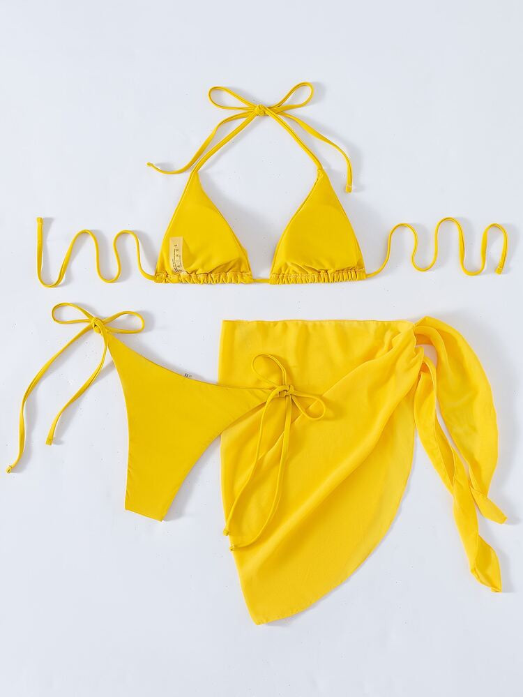 3pack Triangle Thong Bikini Swimsuit & Beach Skirt | SHEIN