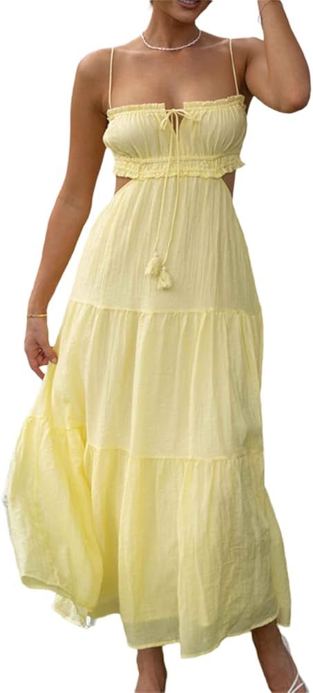 Women Y2k Bodycon Long Dress Spaghetti Strap Cutout Maxi Dress Sexy Backless Dress Clubwear | Amazon (US)