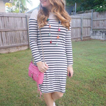 My pink redyed mini MAC bag again with my navy stripe shift dress. Like the tassel necklace, the dress was an opshop find 💕

#LTKaustralia #LTKitbag #LTKworkwear