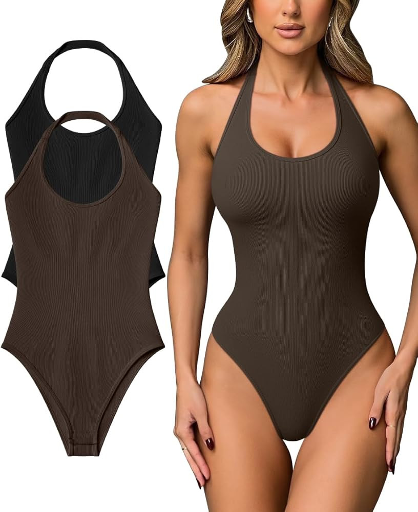 OQQ Women Halter Neck Bodysuits 2 Pack Sleeveless Shapewear One Piece Leotard Shirt Going Out Top... | Amazon (US)