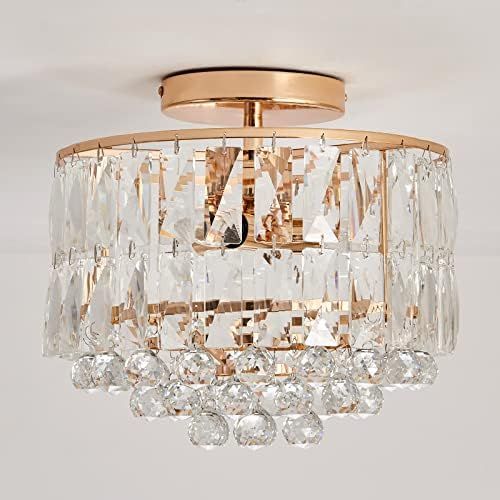 CVKASH 3-Lights Semi Flush Mount Crystal Chandelier，Modern Round Raindrops Gold Ceiling Light Fixtur | Amazon (US)