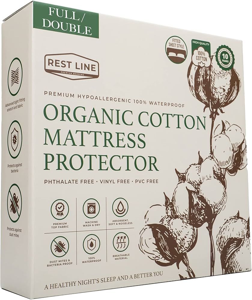 Rest LINE 100% Cotton Organic Mattress Protector.Mattress Cover (Full/Double, 54x75in) Size, Orga... | Amazon (US)