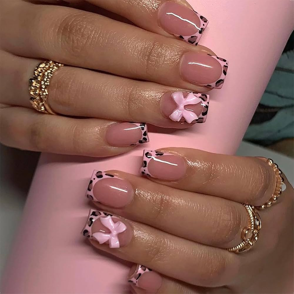 24Pcs Leopard French Tip Press on Nails Short Square Fake Nails Pink Glossy Bow Designs Full Cove... | Amazon (US)