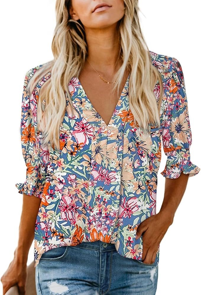 EVALESS V Neck Blouses for Women Dressy Casual Summer Puff Ruffle Short Sleeve Shirt Tops | Amazon (US)