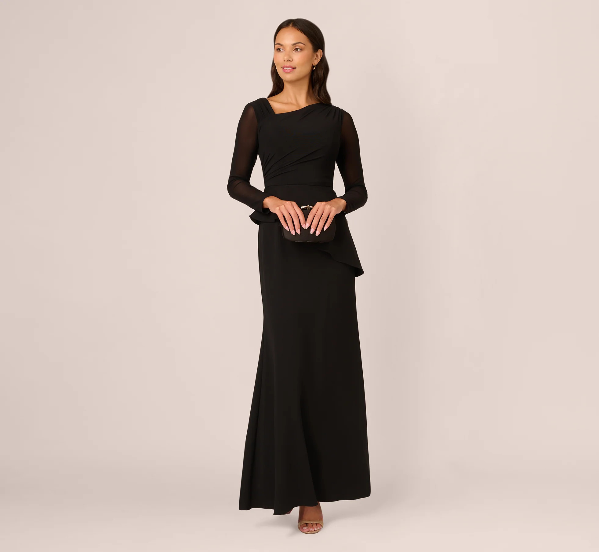 Knit Crepe Combo Mesh Gown In Black | Adrianna Papell
