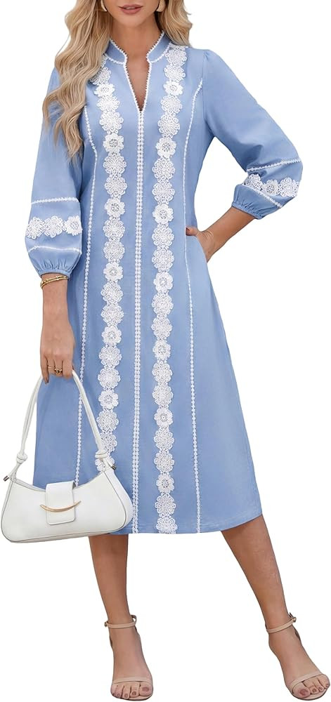Women's Embroidered Lace Floral Tunic Dress 3/4 Puff Sleeve V Neck Midi Dress | Amazon (US)
