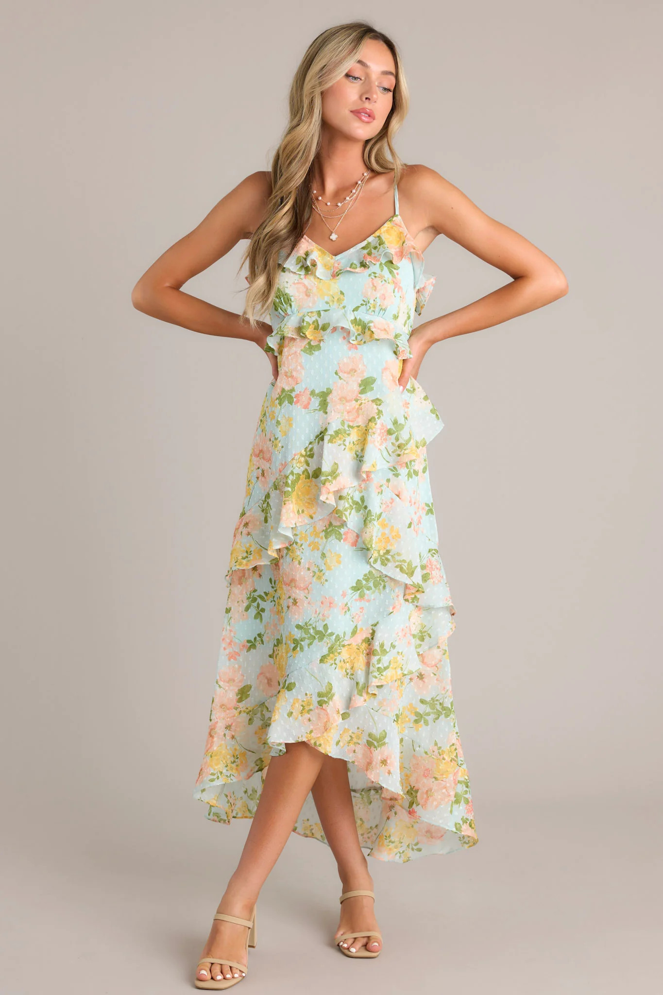 Blossom In Time Blue Multi Floral Ruffle Tiered Midi Dress | Red Dress