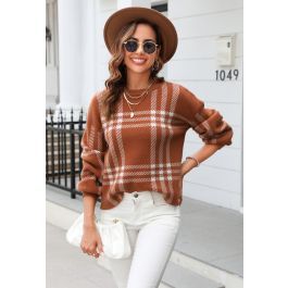 Classic Plaid Round Neck Knit Sweater in Caramel | Chicwish