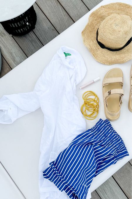 Resort wear flat lay, Anguilla style! Includes a linen button up coverup, blue and white striped swim shorts, raffia sandals, waterproof gold bangles and my favorite packable straw hats (comes in multiple sizes and one do the few that fits my XL head)! I’ll also link the one piece bathing suit I’m wearing today!
.
#ltkswim #ltktravel #ltksalealert #ltkfindsunder50 #ltkfindsunder100 #ltkstyletip #ltkover40 #ltkmidsize #ltkshoecrush

#LTKover40 #LTKswim #LTKSeasonal