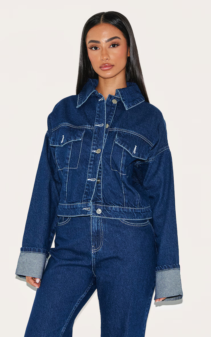 Petite Indigo Denim Turn Up Sleeve Cropped Jacket | PrettyLittleThing US