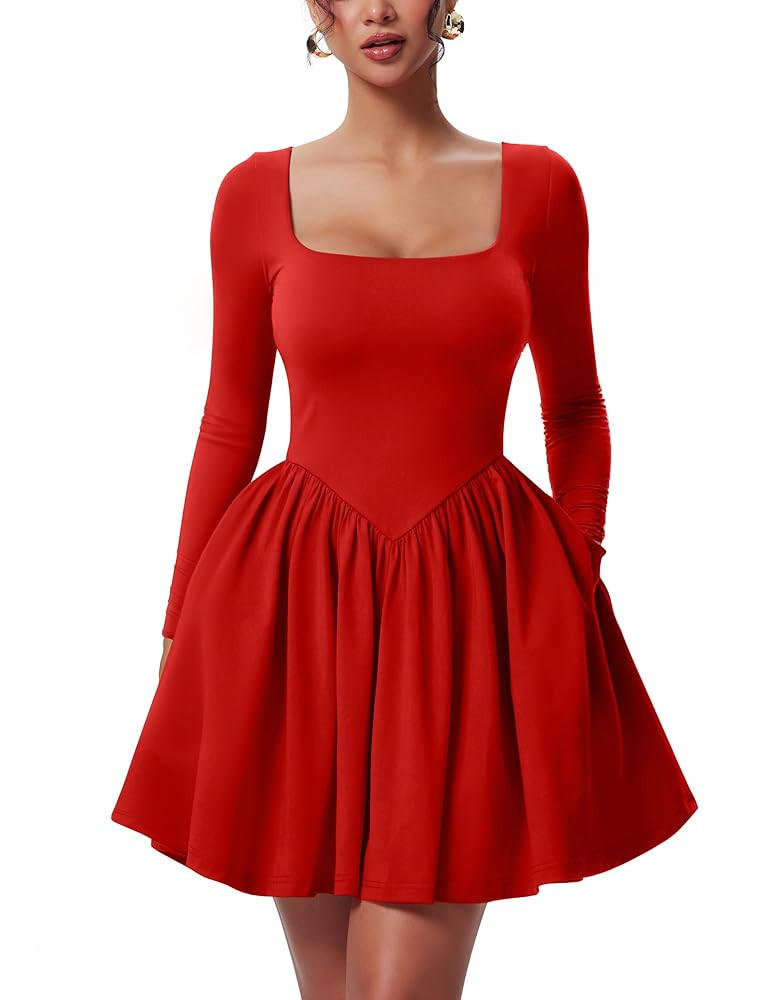 YMDUCH Women's Casual Long Sleeve Square Neck Back Belt A Line Ruffle Hem Mini Dress with Pockets | Amazon (US)