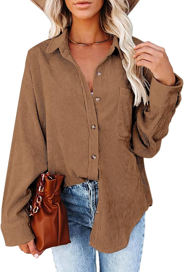 Beaully Women's Corduroy Button Down Pocket Shirts Casual Long Sleeve Oversized Blouses Tops | Amazon (US)