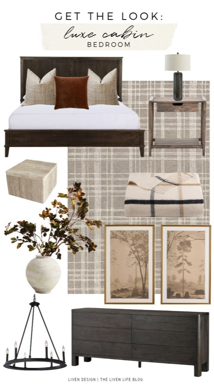Luxe cabin. Home decor. Bedroom decor. Velvet pillow. Throw pillows. Black table lamp. Plaid throw blanket. Windowpane throw. Plaid rug. Rustic. Dresser. Nightstand. Ring chandelier. Farmhouse. Terracotta vase. Landscape painting. Wall art. Nature art. Marble box. Decorative box

#LTKSeasonal #LTKHome #LTKSaleAlert