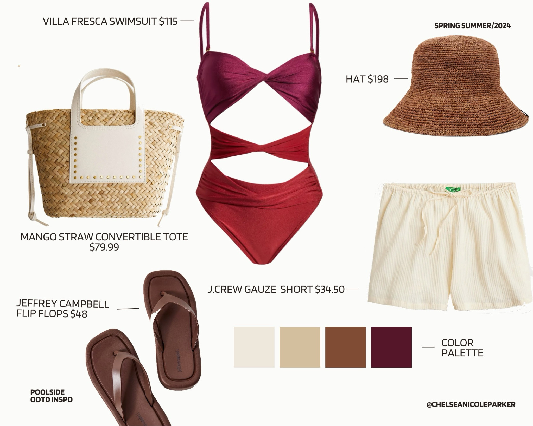 Villa Fresco Red Burgundy Magenta Cut Out One Piece Swimsuit + J. Crew Flowy Beach Shorts + Rag & Bone Packable Straw Bucket Hat + Free People Sauare Toe Brown Flip Flops + Mango Straw Beach Bag - Summer Outfit / Vacation Outfit / Poolside / Swim

#LTKFindsUnder50 #LTKSwim #LTKFindsUnder100