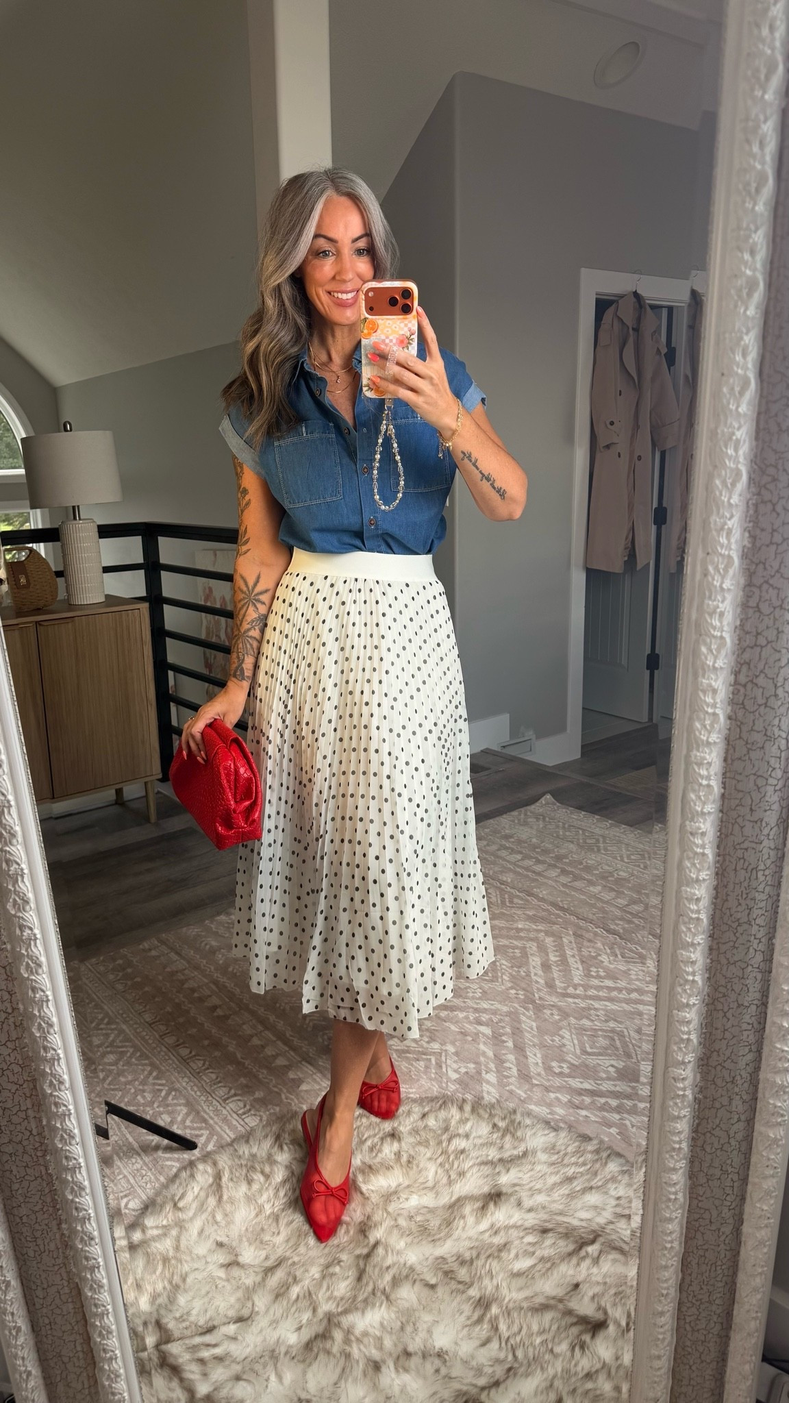 A denim top with this polka dot skirt is the perfect combo! Love the pop of red accessories!

#LTKOver40