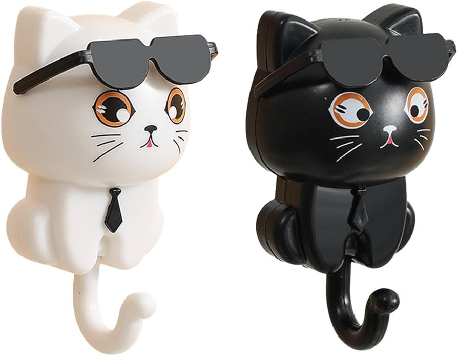 LAFANDE Cute Cat Key Hook, 2 Cartoon Cat in Sunglasses Creative Gra-vity Hook, Adhesive Coat Hook... | Amazon (US)