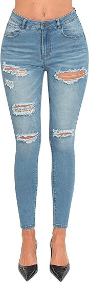 roswear Women's Ripped Mid Rise Frayed Hem Denim Stretchy Skinny Jeans | Amazon (US)