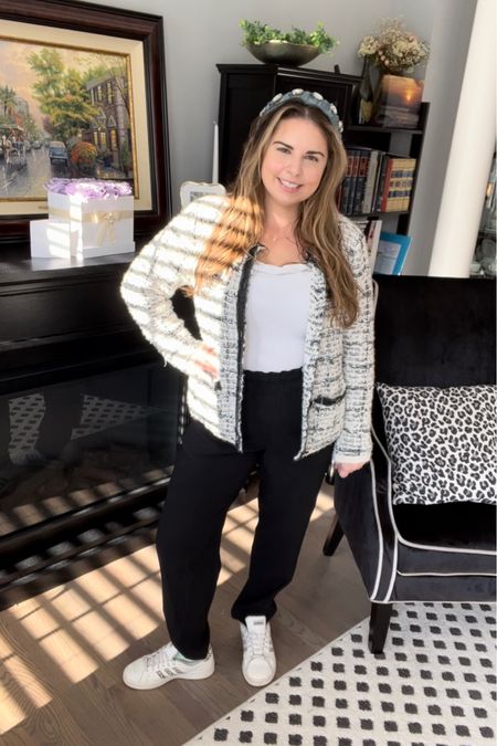 Office outfit and travel outfit all in one 

Love these pants they’re so easy to style and so comfortable 

I’ve had this tweed cardigan for years. I linked some similar ones but I actually found this one at tj maxx 

Gives an outfit that classic style Chanel vibe but still functional. 



#LTKworkwear #LTKstyletip #LTKFind