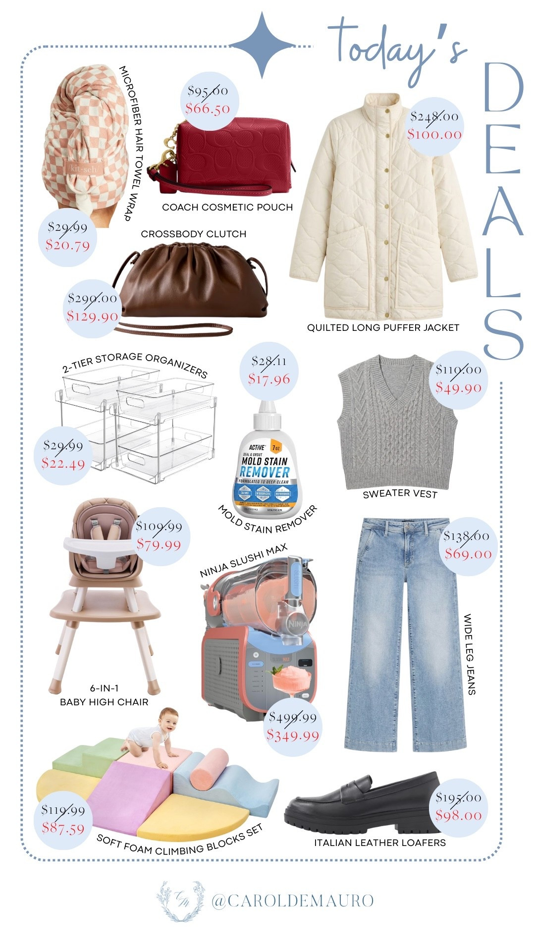 Check out today's top deals, including household and family essentials like the Ninja Slushi max, 6-in-1 baby high chair, soft foam climbing blocks, 2-tier storage organizers, and mold stain remover. You can also update your style with the quilted long puffer jacket, wide leg jeans, sweater vest, leather loafers, and crossbody clutch. There's also the Coach cosmetic pouch and the Kitsch microfiber hair towel wrap for your beauty needs.

winter fashion, layering pieces, everyday look, fashion accessories, baby registry, kitchen gadgets, home organization, on sale now

#LTKSeasonal #LTKSaleAlert #LTKHome