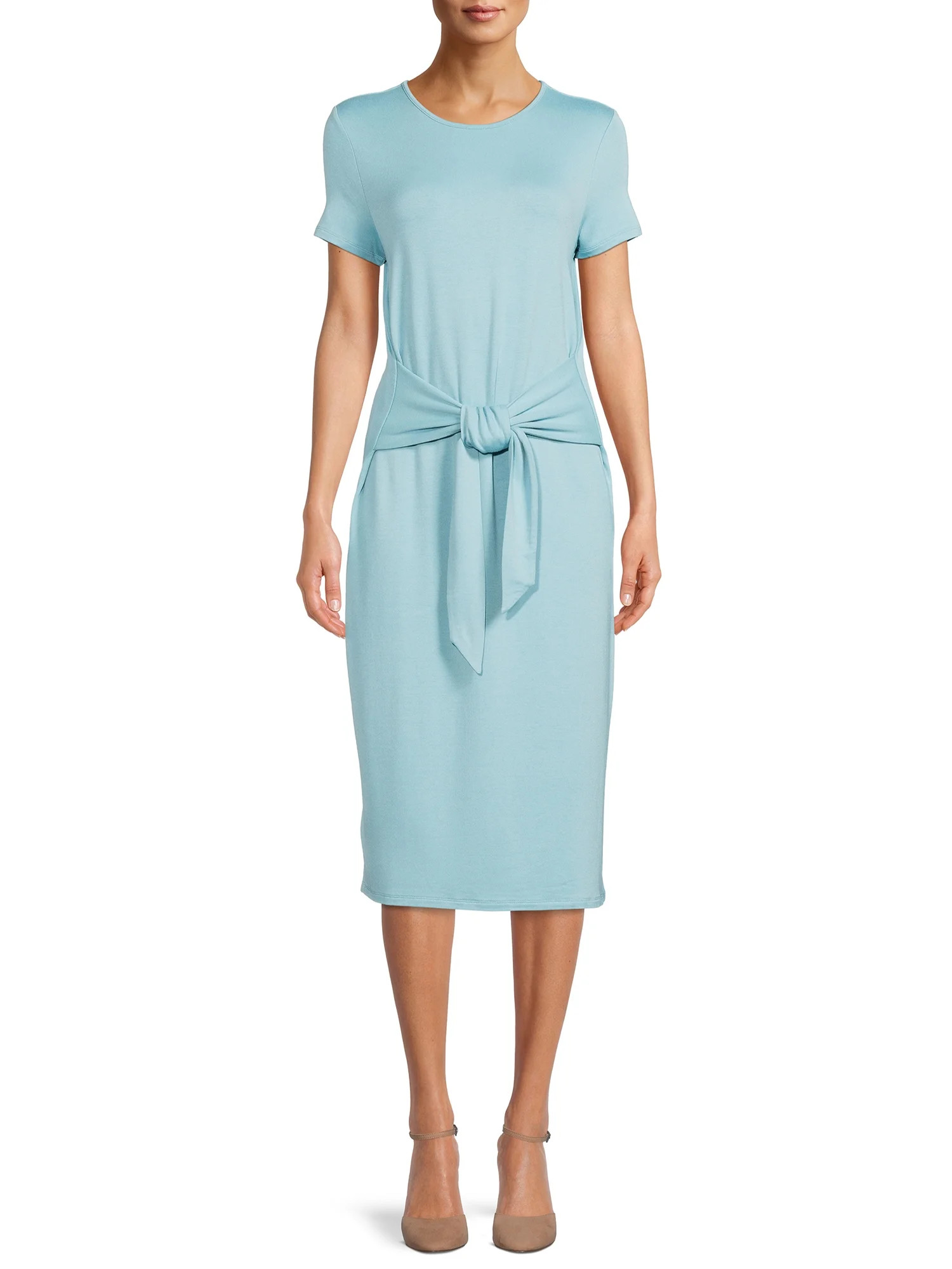 Time and Tru Women's Short Sleeve Tie Front Knit Dress | Walmart (US)