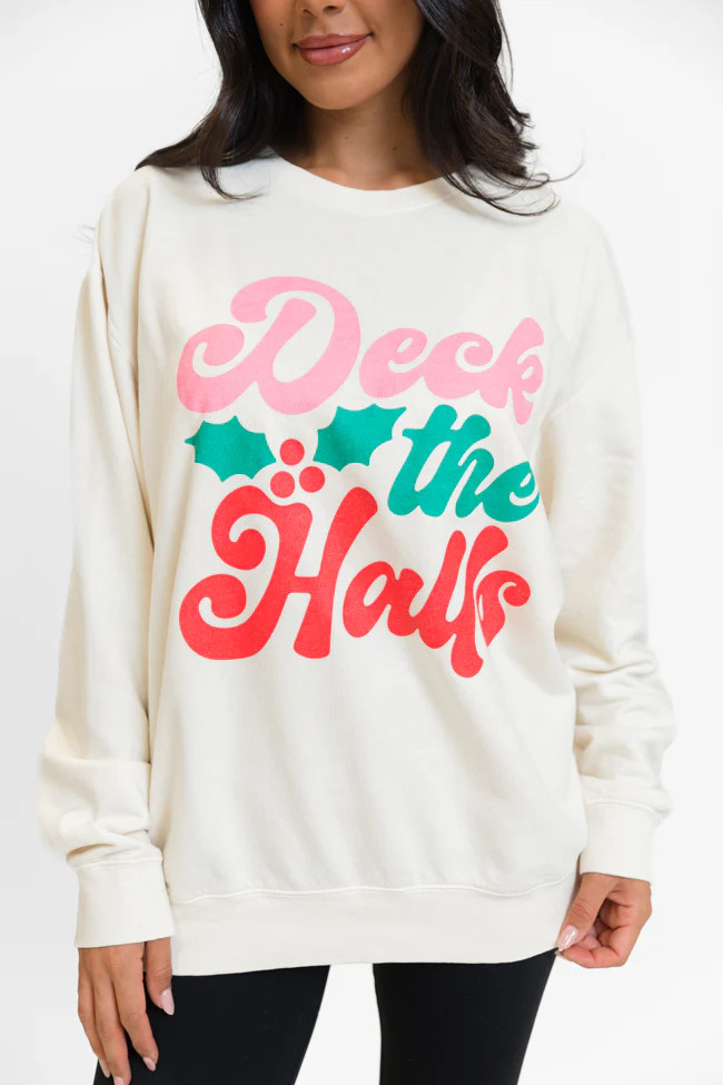 Deck The Halls Cream Oversized Graphic Sweatshirt DOORBUSTER | Pink Lily