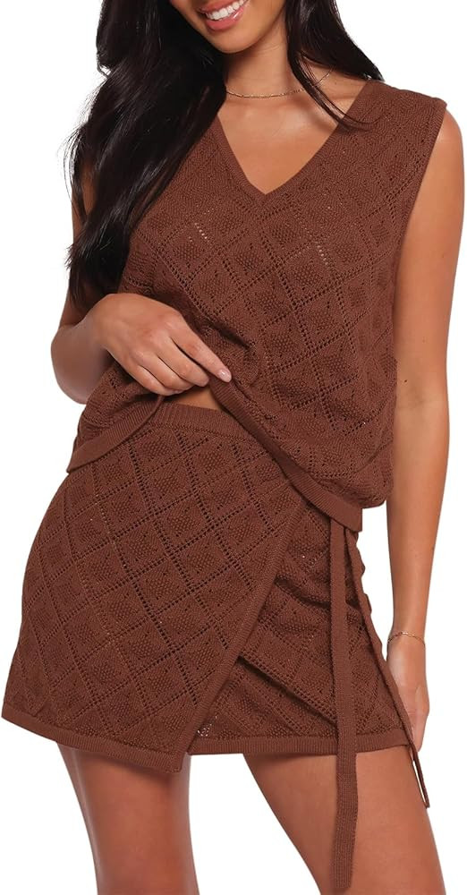 Fisoew Womens 2 Piece Crochet Swimsuit Cover Ups Sleeveless V Neck Tank Tops Wrap Skirt Sets Beac... | Amazon (US)