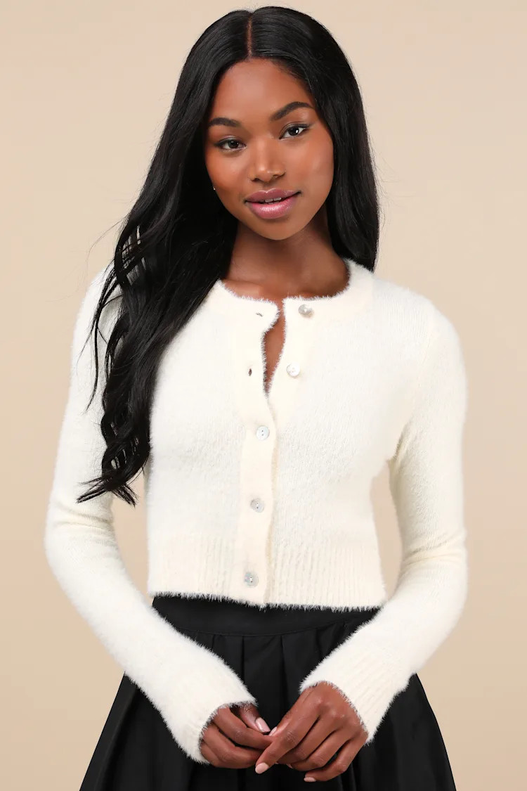 Cozy Sweetness Ivory Eyelash Knit Cropped Cardigan | Lulus