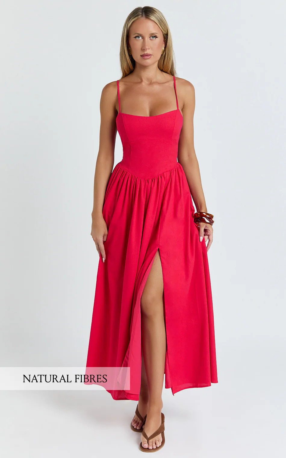 Linen Scoop Neck Gathered Dress in Red | Showpo (US, UK & Europe)