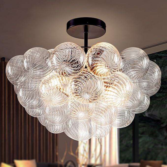 Longree Bubble Ball Glass Chandelier Black Finish and Clear Ribbed Blown Glass Chandeliers Semi F... | Amazon (US)