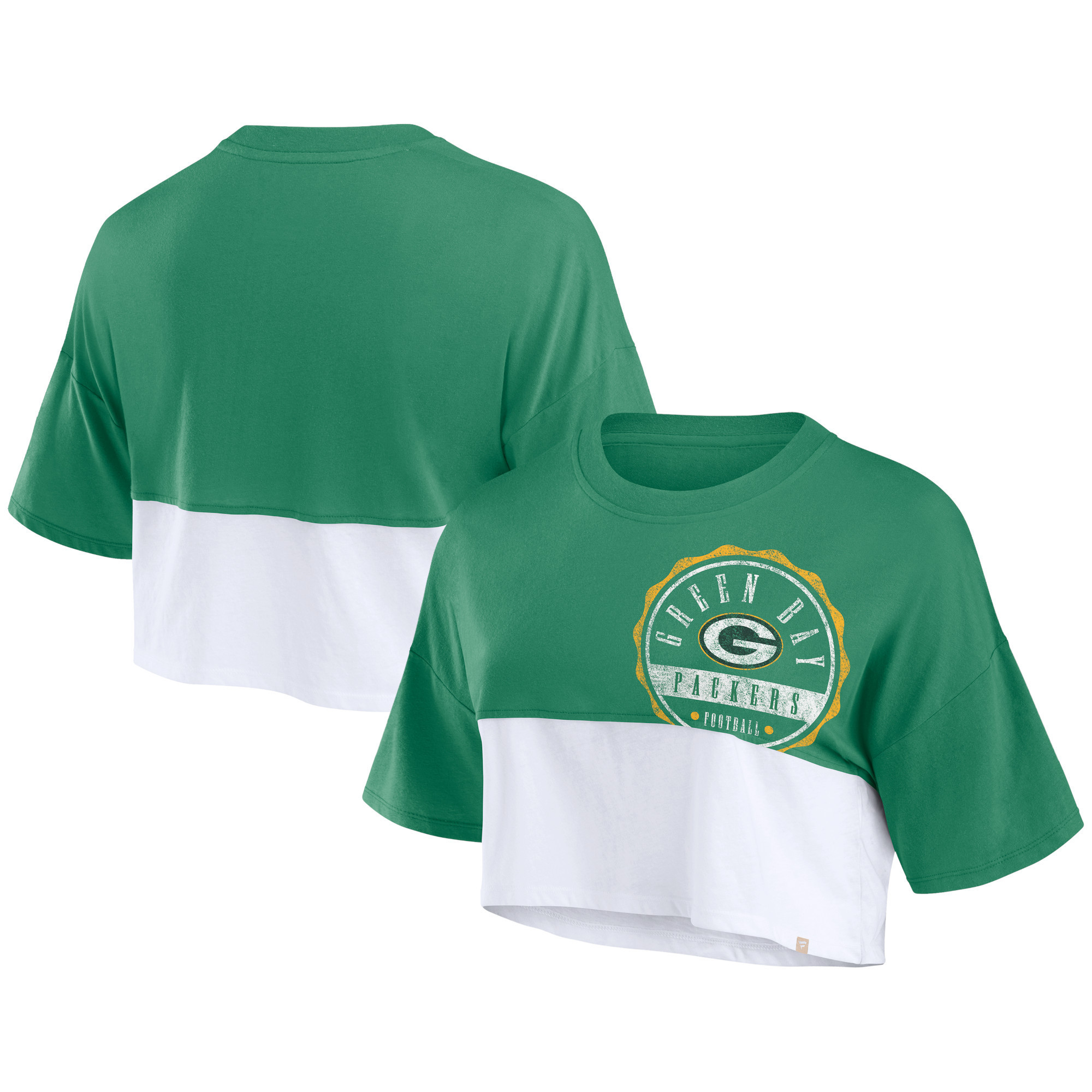 Women's Fanatics Green/White Green Bay Packers Boxy Color Split Cropped T-Shirt | Fanatics