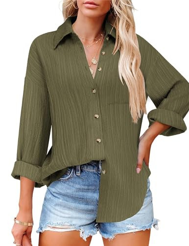 HOTOUCH Female Button Up Shirts Plus Size Tops Button Sown Shirt for Women Casual Oversized Shirt Work Blouse Shirt with Pocket Army Green XL | Amazon (US)