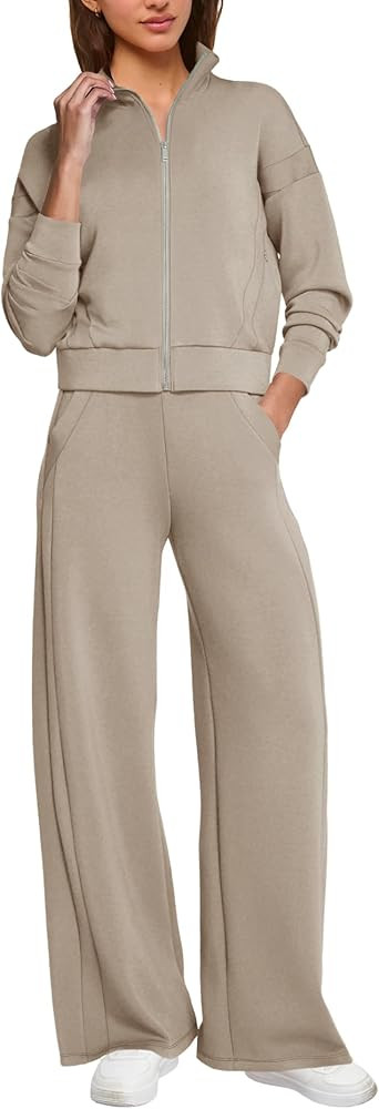 SENSERISE Sweatsuits Women 2 Piece Outfit Zip Up Cropped Sweatshirt Wide Leg Sweatpants 2025 Fall... | Amazon (US)