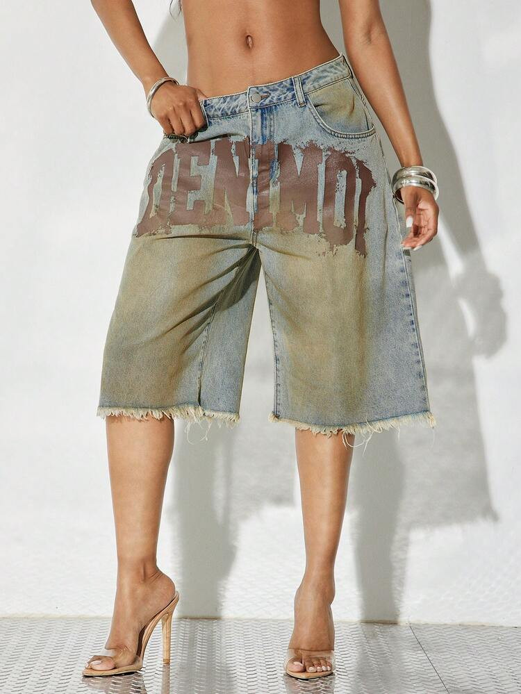 Denimoi Denim Verbiage Washed Jorts Fashionable Streetwear Fashion Jeans Concert Outfits Summer | SHEIN