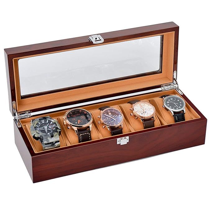 JINDILONG Watch Case for Men 5 Slot with Glass Top Solid Wood Watch Storage Organizer Display Box... | Amazon (US)
