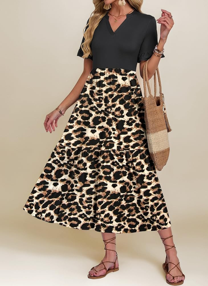 AUSELILY Sommerkleid Damen Lang V Ausschnitt Maxikleider Damen Sommer Rüschen Kurzarm Strandklei... | Amazon (DE)