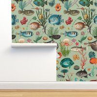 Fish Wallpaper - Oceania in Sage Green By Delinda Graphic Studio Beach Tropical Removable Self Adhesive Roll By Spoonflower | Etsy (US)