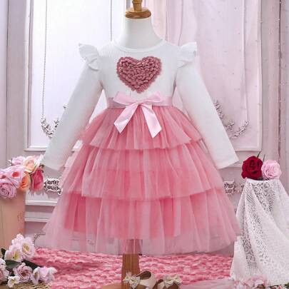 Young Girl Heart Embroidered Long Sleeve Dress, Lightweight Princess Style For Spring/Autumn, Suitable For Wedding, Party, Birthday Valentine's Day | SHEIN