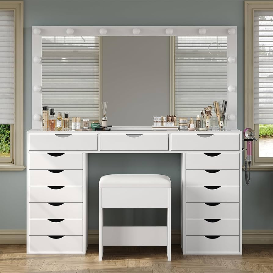 Vanity Desk with Mirror and Lights, Makeup Table with Charging Station, 3 Color Lighting Modes, 1... | Amazon (US)