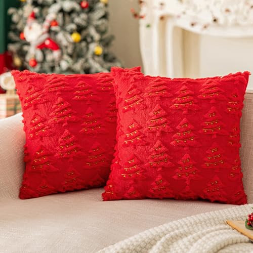 SINYASAN Red 18"x18" Christmas Tree Throw Pillow Covers with Light Strip Shaped for Farmhouse Home Faux Fur Decorative Pillow Covers Holiday Decor for Couch Sofa Bed Soft Fuzzy Cushion Covers | Amazon (US)
