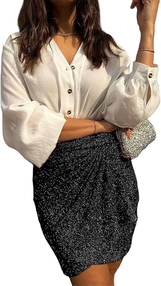 Lentta Women's Sequin Skirt Sparkle Stretchy Tie-up Mini Dress Night Out Party | Amazon (US)