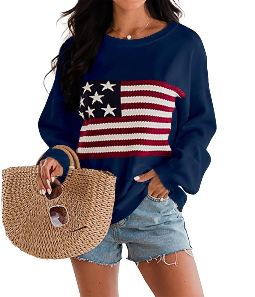 Dressmine Womens American Flag Sweater Knit Long Sleeve Crew Neck Graphic Elegant Soft Loose Pull... | Amazon (US)