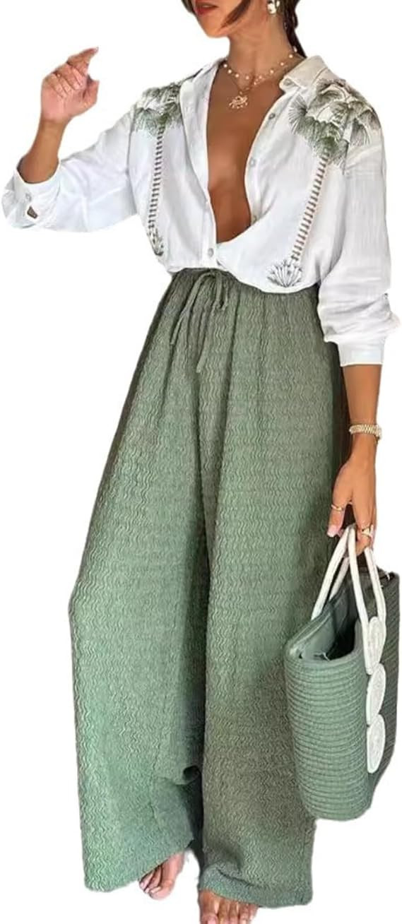 Conjunto de manga larga con solapa y estampado para mujer, parte superior plisada con cordones, p... | Amazon (US)