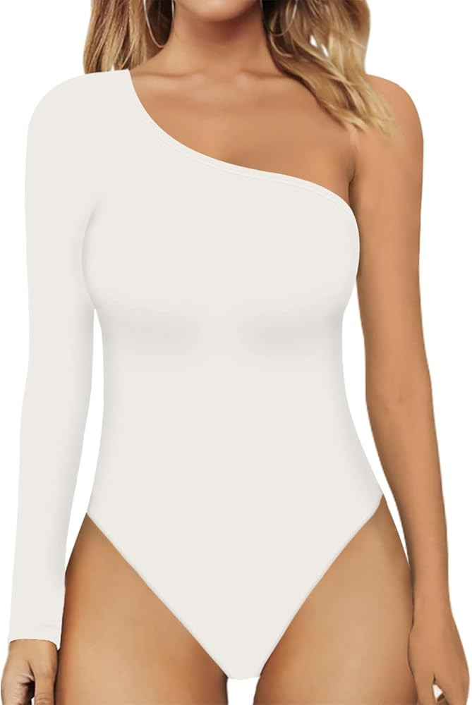 MANGOPOP Women's One Shoulder Off Sleeveless Long Sleeve Tank Top Bodysuit Jumpsuits | Amazon (US)
